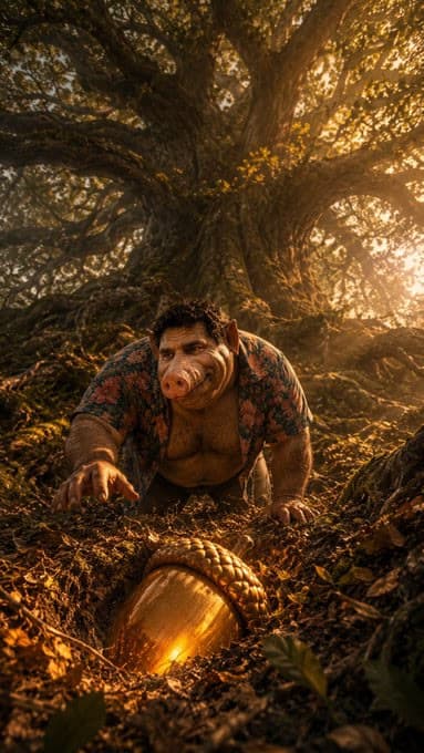 $BOAR unearthing a giant golden acorn beneath an ancient tree