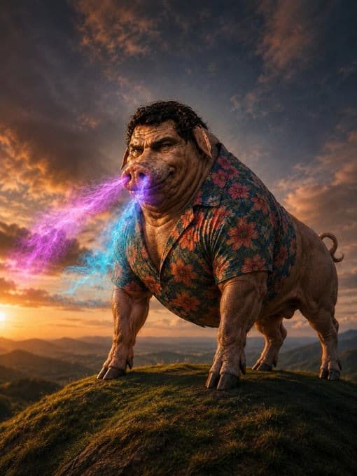 $BOAR in a floral shirt on a hilltop breathing rainbow energy at sunset