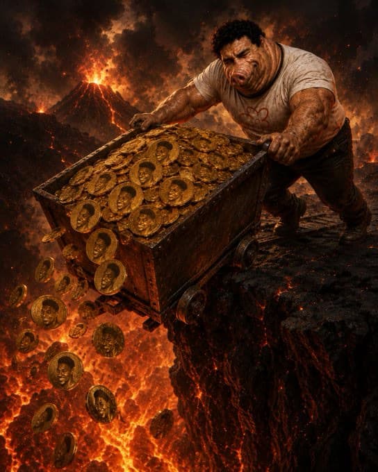 $BOAR pushing a minecart overflowing with golden coins across a lava field