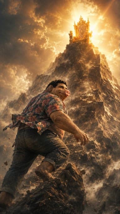 $BOAR climbing a mountain toward a golden throne in the clouds